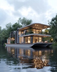 Obraz premium Modern Floating House on Lake at Dusk Exterior Architecture Design Low Angle Residential Building