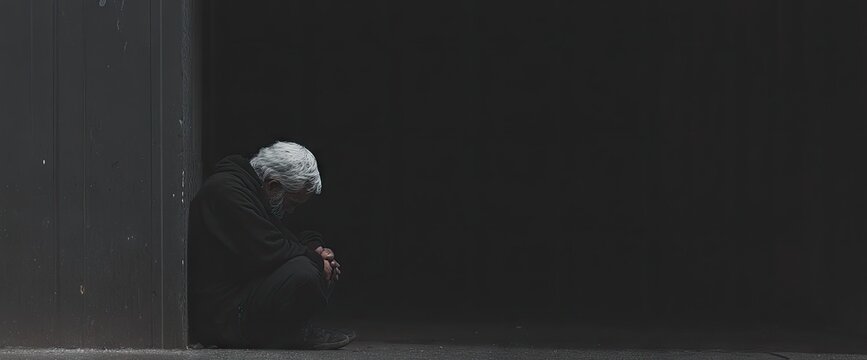 An elderly figure sits hunched over in a dark corner, conveying a feeling of solitude