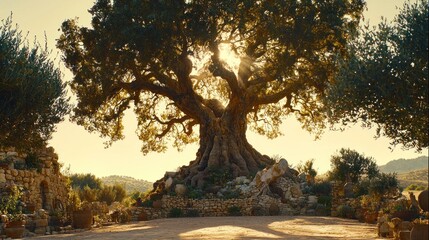 Majestic ancient olive tree bathed in golden sunlight.