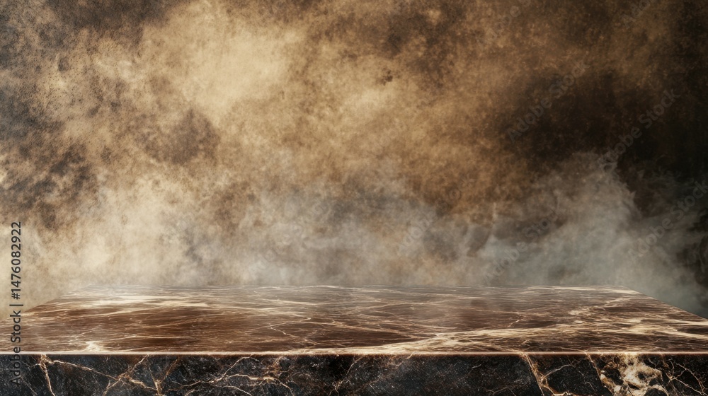 Poster close up of a marble tabletop with empty dais on it in dark mocha mousse colour. luxury interior bac