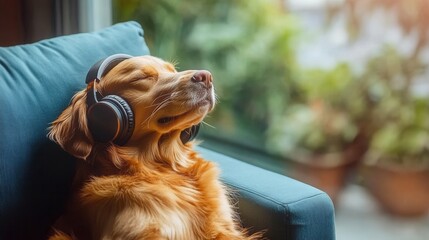 Golden Retriever Relaxing with Headphones Listening to Music Peaceful Dog