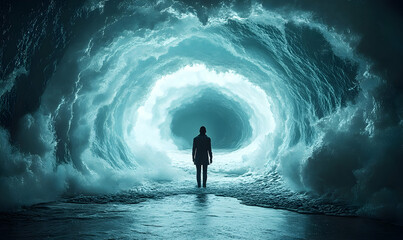 Obraz premium A lone figure stands at the entrance of a luminous, swirling, ocean cave, symbolizing mystery, exploration, or a journey into the unknown