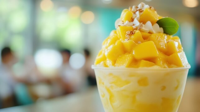 Close up of mango pudding bingsu with a blurred background Sweets and desserts in South Korean style high in calories and sugar Suitable for background wallpaper copyspace and menu listings