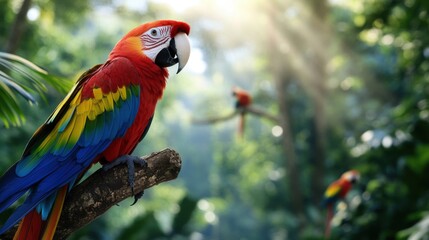 Fototapeta premium Vibrant parrots rest on tree branches in a dense, green rainforest. Sunlight filters through the canopy, highlighting their brilliant feathers and the lush environment surrounding them