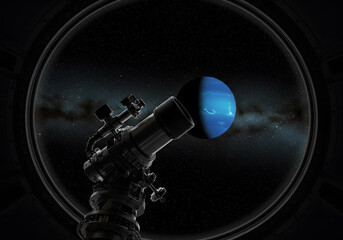 Fototapeta premium Telescope observing blue planet