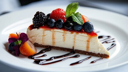 A perfectly crafted cheesecake garnished with strawberries, blueberries, blackberries, and mint leaves sits elegantly on a white plate