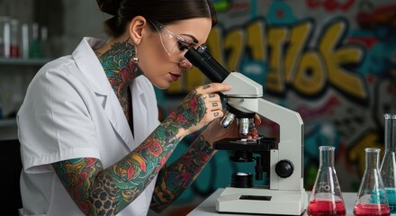 Tattooed scientist examining samples through microscope in laboratory  