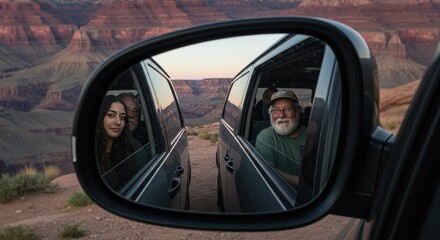 Smiling family enjoying scenic view from car mirror  