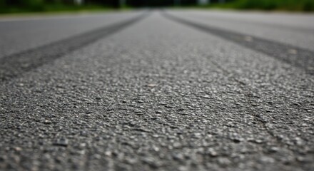 Tire Tracks on Asphalt Road with Lush Green Background  