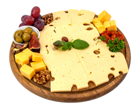 Overhead View of a Rustic Cheese Board with Assorted Fruits and Nuts - Powered by Adobe