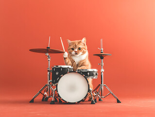 Ginger cat playing drums with red background.