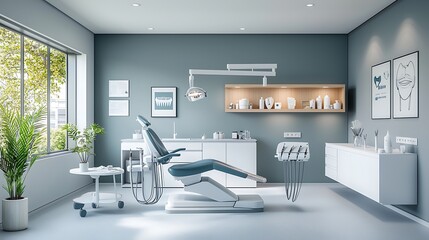 Modern dental office with chair, window, equipment, and sterile, light design