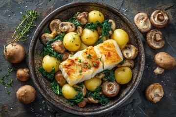 Overhead view of smoked cod fillets with potatoes mushrooms and spinach