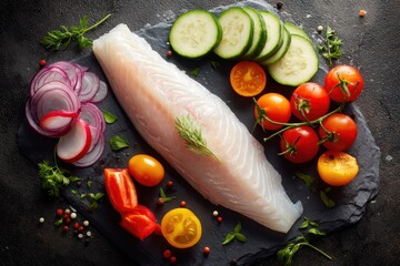 Overhead view of uncooked white fish fillet and veggies