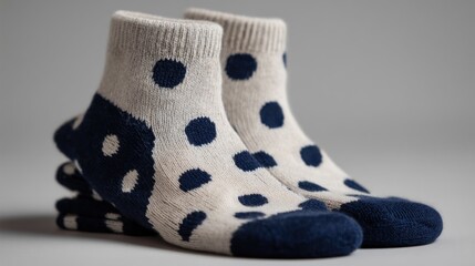 Soft, cream-colored socks with navy blue polka dots, stacked