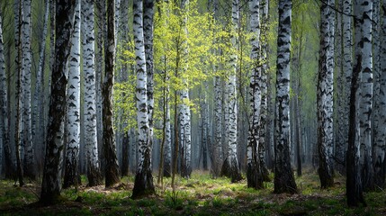 Birch forest with bright green leaves, springtime view