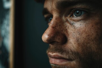 Obraz premium Freckled Man's Profile: A Moody Close-Up Portrait