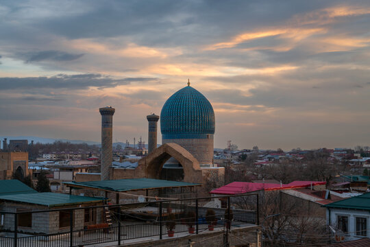 Dome and minarets of the Gur-e-Amir Mausoleum at dawn, Samarkand, Uzbekistan