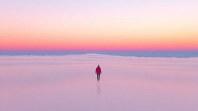 Solo figure amidst clouds. Pink horizon. Minimalist scenic photo of serene isolation