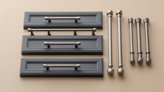 Modern cabinet pulls and handles in brushed nickel finish on dark gray drawer fronts