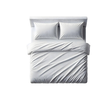 Top view of white bedding set with pillows duvet cover and bed sheet mockup on transparent background