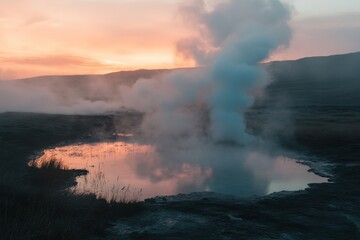 Fototapeta premium Geothermal vent erupts steam at dawn