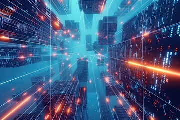 Obraz premium Futuristic cityscape with glowing digital pathways.