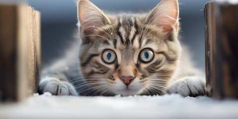 Tabby Kitten Peeking Between Wooden Boards