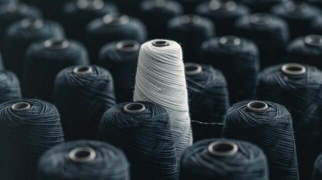 Different concept of white yarn spools stand out from many black yarn spools in industrial factory.