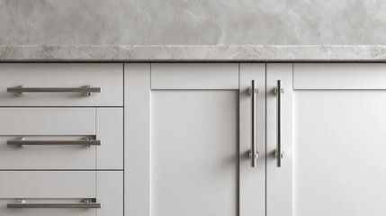 Modern white kitchen cabinets with brushed metal handles