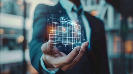 Obraz premium Businessman holding virtual holographic screen of real estate icon