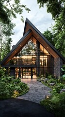 Modern home with a-frame roof, stone walls, and lush landscaping