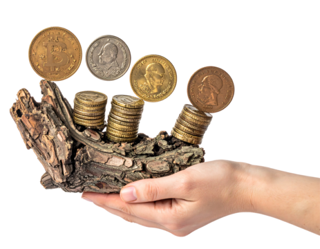 Hand Holding Bark with Stacks of Gold and Silver Coins