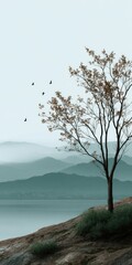 Obraz premium Serene Lakeside Tree: Minimalist Landscape Painting