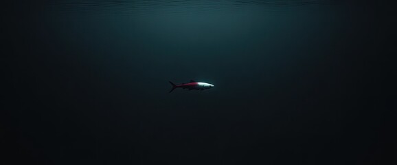 Fish swims in dark ocean. Light from above