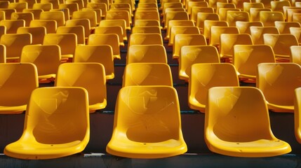 Fototapeta premium Empty rows arranged yellow seats of outdoor tribune sport building stadium.