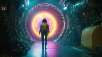 Person with Backpack Walking Towards Glowing Portal in Surreal Landscape