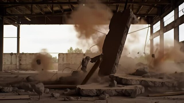 Concrete Debris Explosion From Demolition Of Old Building With Dust And Rubble