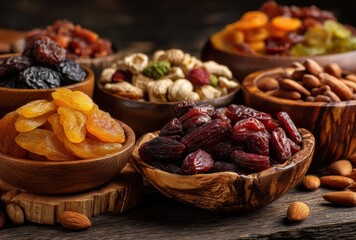 Assorted Dried Fruits and Nuts in Elegant Wooden Bowls on Rustic Table Ideal for Healthy Snacks and Culinary Creations