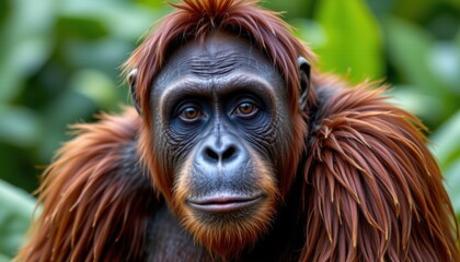 Obraz premium Captivating portrait of an orangutan in lush jungle environment animal photography close-up view nature's beauty