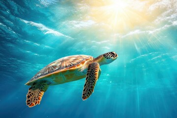 Obraz premium A majestic turtle glides beneath the waves in a sunlit underwater paradise of natural beauty
