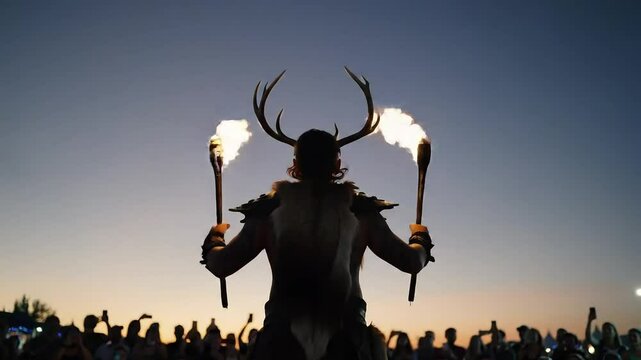 Fire Festival Silhouette of Horned Performer with Flaming Torches at Twilight
