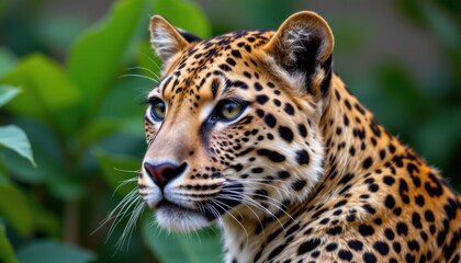 Majestic leopard observing its surroundings in a lush green habitat nature photography close-up view