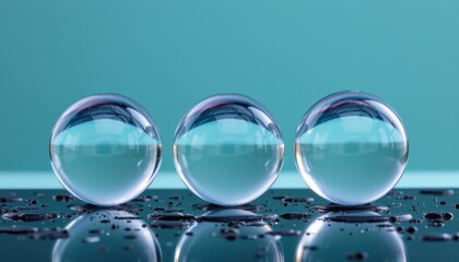 Fototapeta premium Reflections of water droplets on smooth surface indoor studio macro photography minimalistic setup