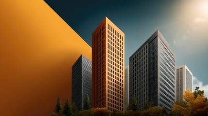 Modern Cityscape: Amber Tower and Steel Neighbors, Autumnal Minimalism