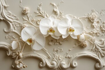 Ornate ceiling decor with white orchids and floral accents.