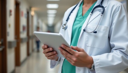 Healthcare professional using tablet in hospital corridor medical environment clinical perspective for patient care