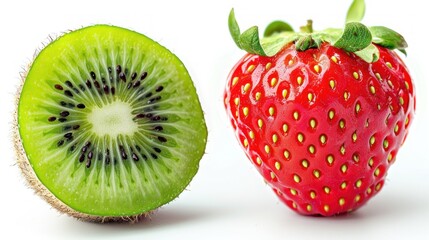 Close up of a kiwi and strawberry fruits and mint leaves on white background