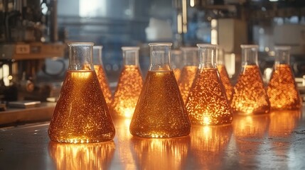Golden Liquid in Erlenmeyer Flasks in a Laboratory Setting
