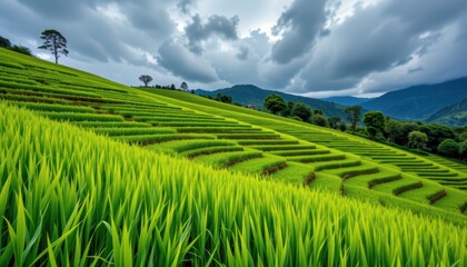 Fototapeta premium Lush green rice terraces mountain region landscape photography cloudy skies scenic viewpoint nature's beauty